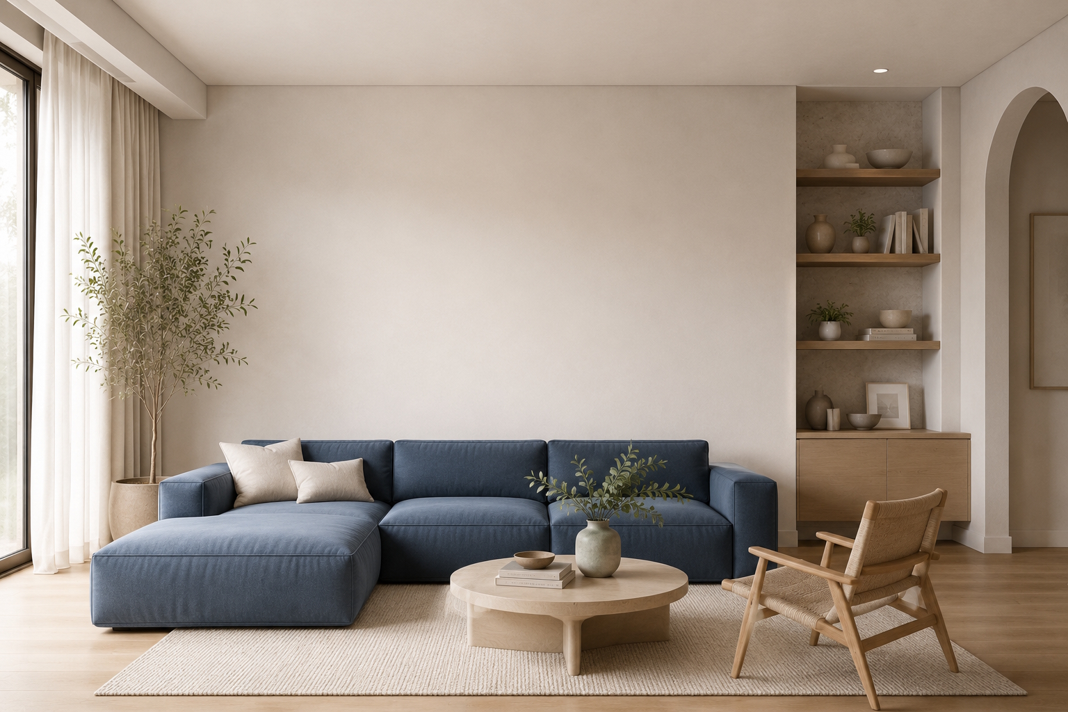 Woonkamer met blauwe bank